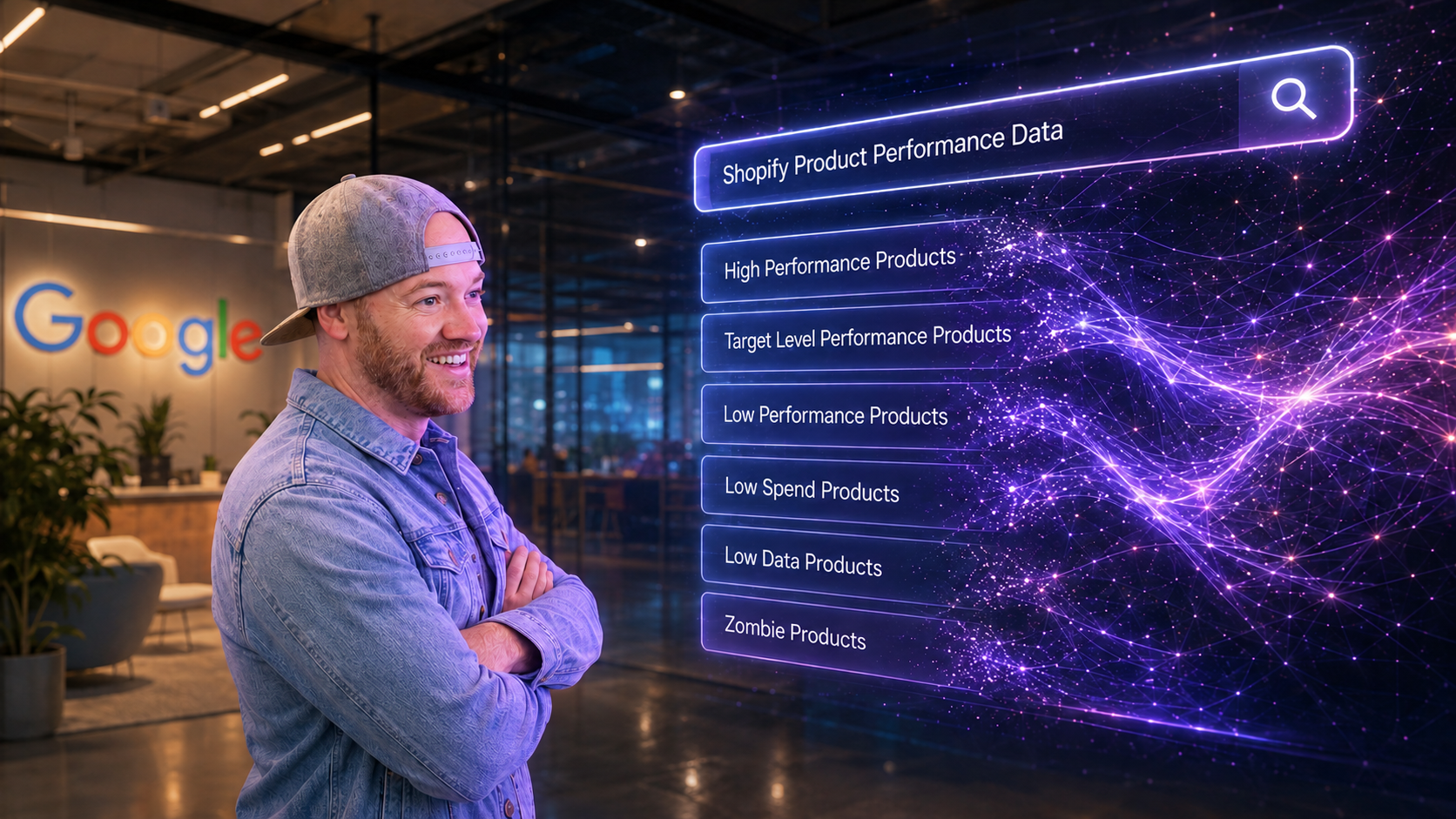 Jimmy Dalgleish reviewing Shopify product performance data in a glowing search visualisation